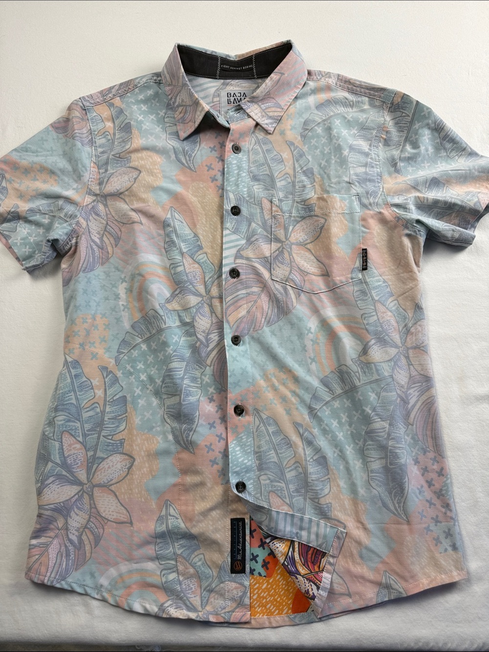 Baja Llama Men's Short-Sleeve Floral Button-Down Shirt — Pastel Blue & Peach